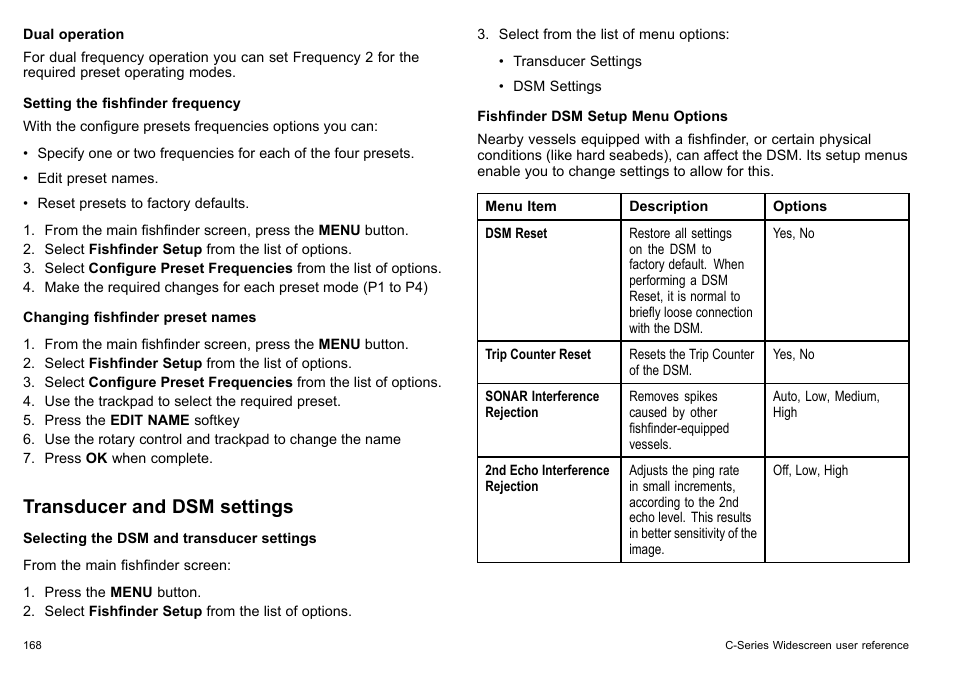 Transducer and dsm settings | Raymarine C140w User Manual | Page 168 / 222