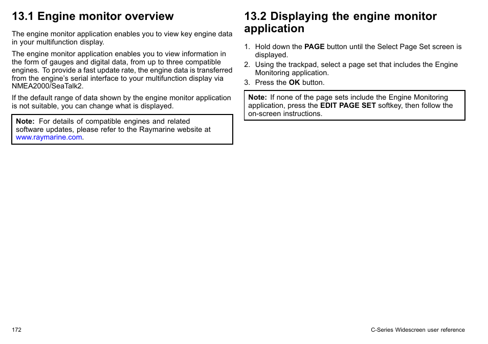 1 engine monitor overview, 2 displaying the engine monitor application | Raymarine C140w User Manual | Page 172 / 222
