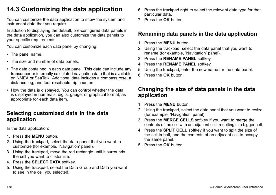 3 customizing the data application, Selecting customized data in the data application, Renaming data panels in the data application | Raymarine C140w User Manual | Page 178 / 222