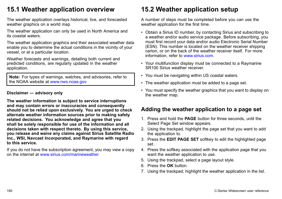 1 weather application overview, 2 weather application setup, Adding the weather application to a page set | Raymarine C140w User Manual | Page 180 / 222