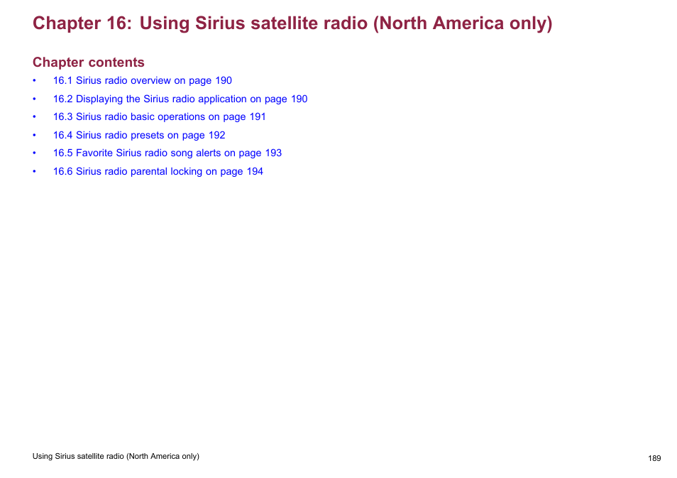 Chapter 16 using sirius satellite radio (north, America only), Chapter contents | Raymarine C140w User Manual | Page 189 / 222