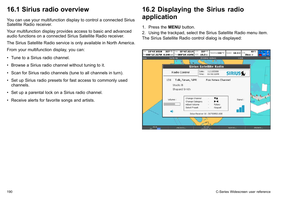1 sirius radio overview, 2 displaying the sirius radio application | Raymarine C140w User Manual | Page 190 / 222