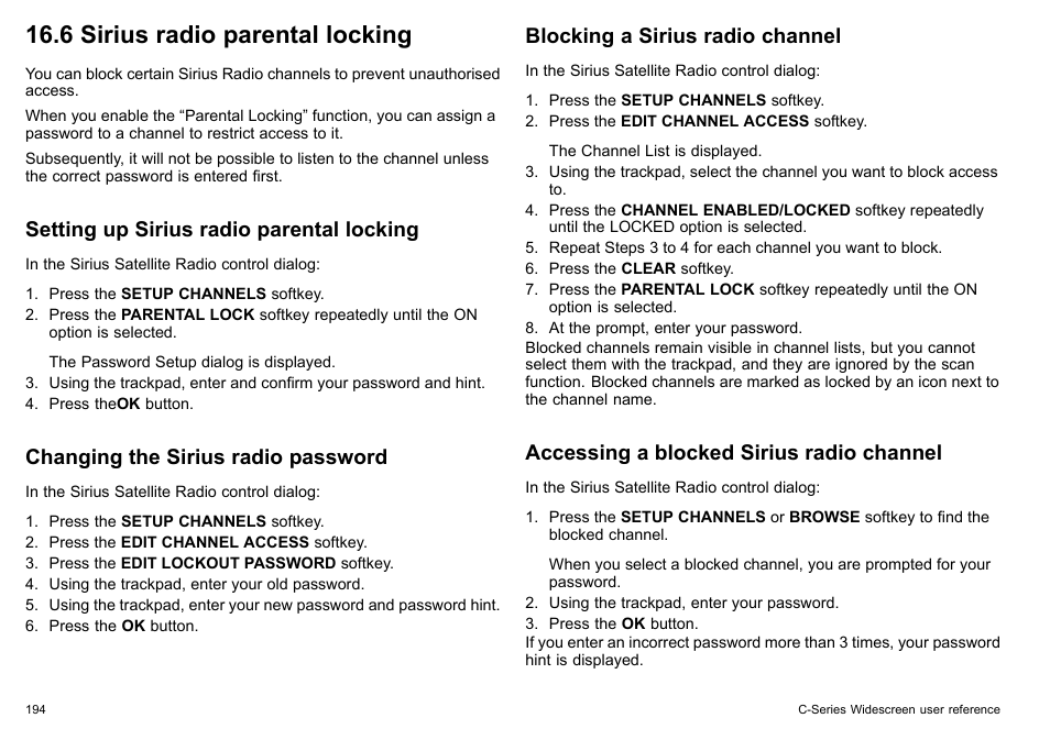 6 sirius radio parental locking, Setting up sirius radio parental locking, Changing the sirius radio password | Blocking a sirius radio channel, Accessing a blocked sirius radio channel | Raymarine C140w User Manual | Page 194 / 222