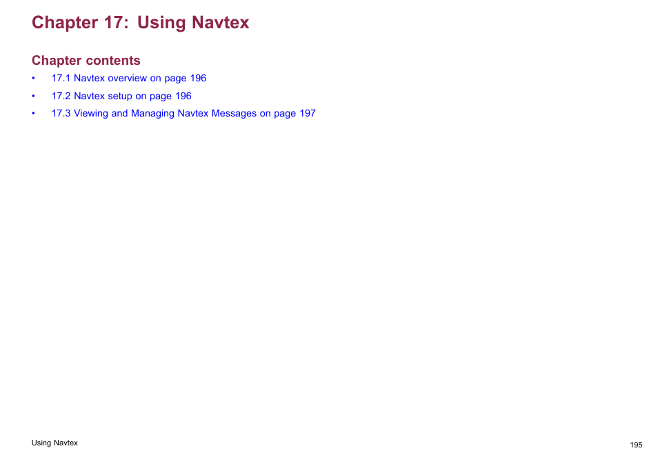 Chapter 17 using navtex, Chapter 17: using navtex, Chapter contents | Raymarine C140w User Manual | Page 195 / 222