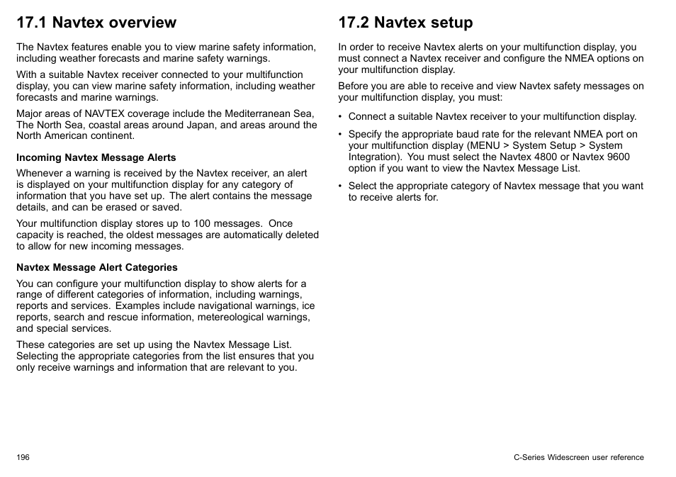 1 navtex overview, 2 navtex setup | Raymarine C140w User Manual | Page 196 / 222