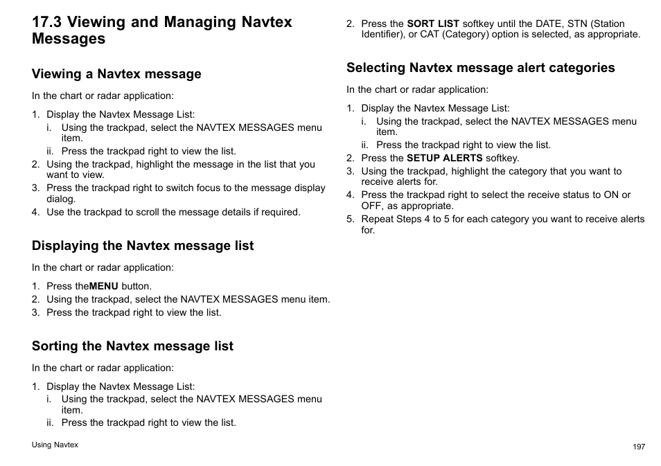 3 viewing and managing navtex messages, Viewing a navtex message, Displaying the navtex message list | Sorting the navtex message list, Selecting navtex message alert categories | Raymarine C140w User Manual | Page 197 / 222