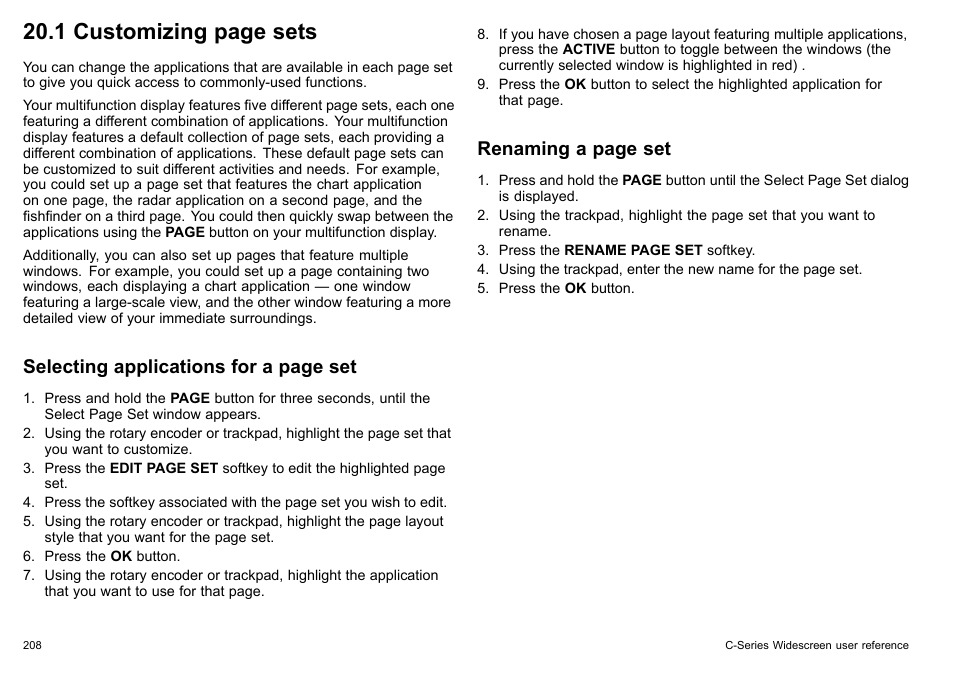 1 customizing page sets, Selecting applications for a page set, Renaming a page set | Raymarine C140w User Manual | Page 208 / 222