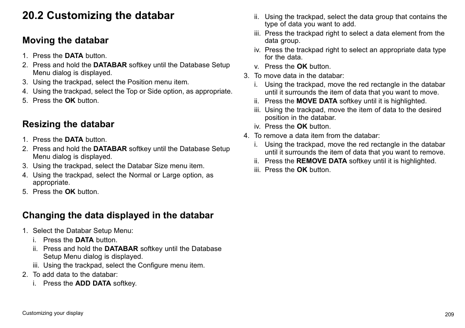 2 customizing the databar, Moving the databar, Resizing the databar | Changing the data displayed in the databar | Raymarine C140w User Manual | Page 209 / 222