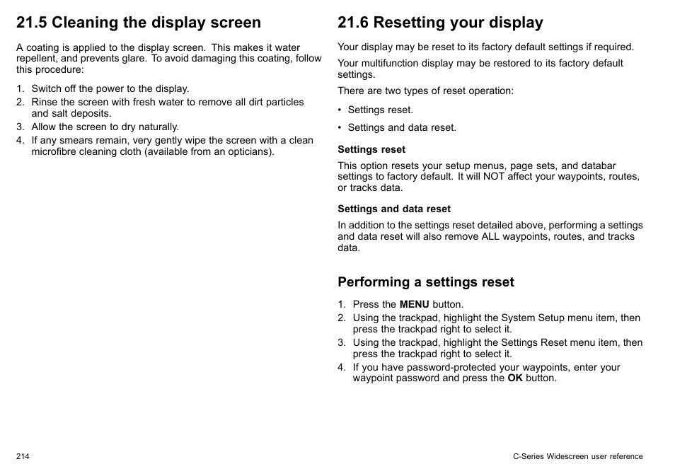 5 cleaning the display screen, 6 resetting your display, Performing a settings reset | Raymarine C140w User Manual | Page 214 / 222