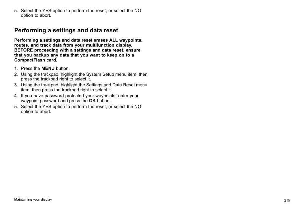 Performing a settings and data reset | Raymarine C140w User Manual | Page 215 / 222