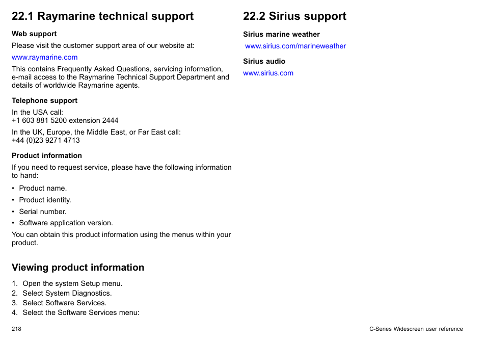 1 raymarine technical support, 2 sirius support, Viewing product information | Raymarine C140w User Manual | Page 218 / 222