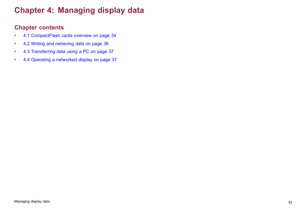 Chapter 4 managing display data, Chapter 4: managing display data, Chapter contents | Raymarine C140w User Manual | Page 33 / 222