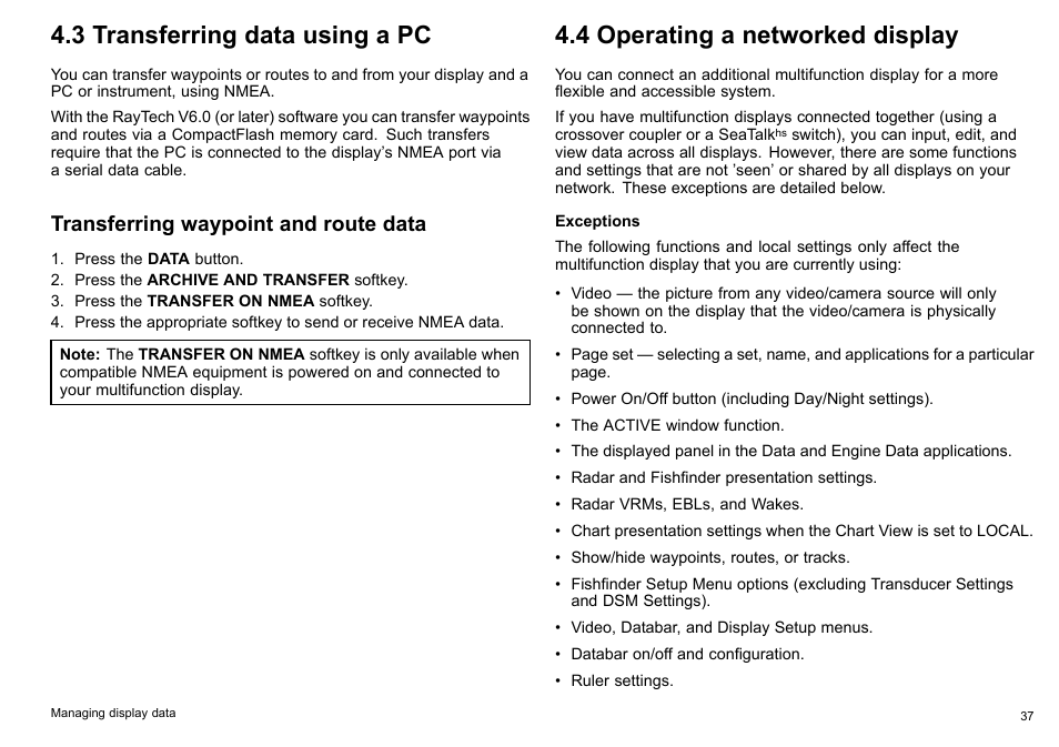 3 transferring data using a pc, 4 operating a networked display, Transferring waypoint and route data | Raymarine C140w User Manual | Page 37 / 222