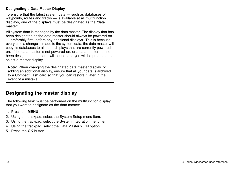 Designating the master display | Raymarine C140w User Manual | Page 38 / 222