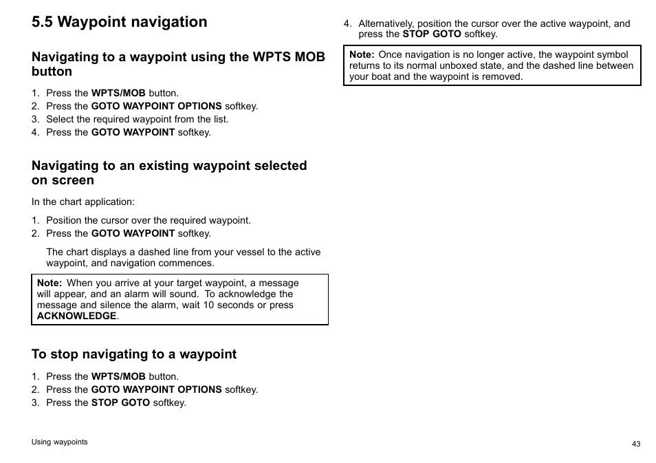 5 waypoint navigation, Navigating to a waypoint using the wpts mob button | Raymarine C140w User Manual | Page 43 / 222