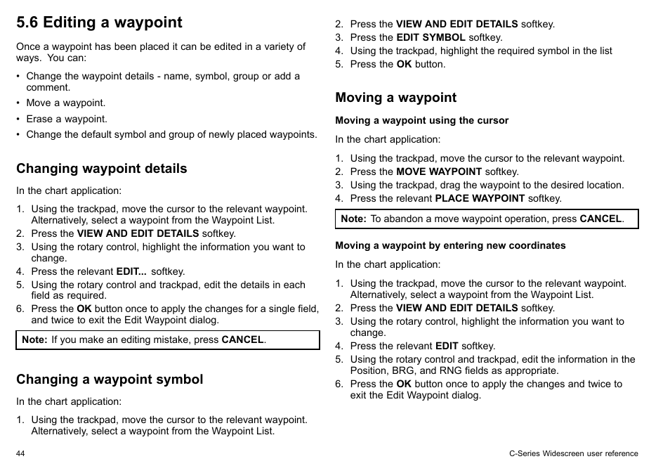 6 editing a waypoint, Changing waypoint details, Changing a waypoint symbol | Moving a waypoint | Raymarine C140w User Manual | Page 44 / 222