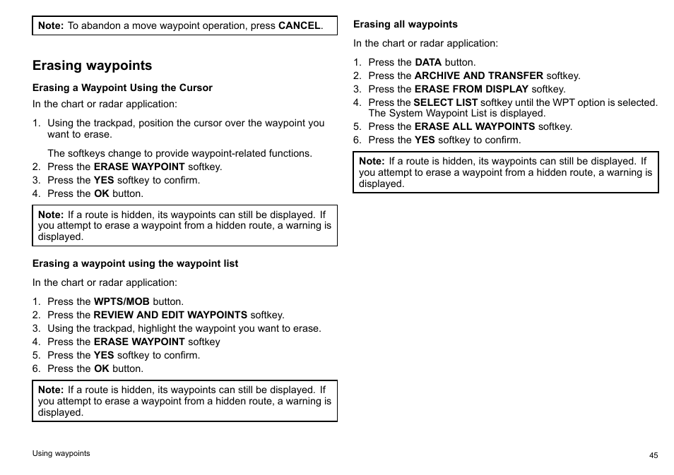 Erasing waypoints | Raymarine C140w User Manual | Page 45 / 222