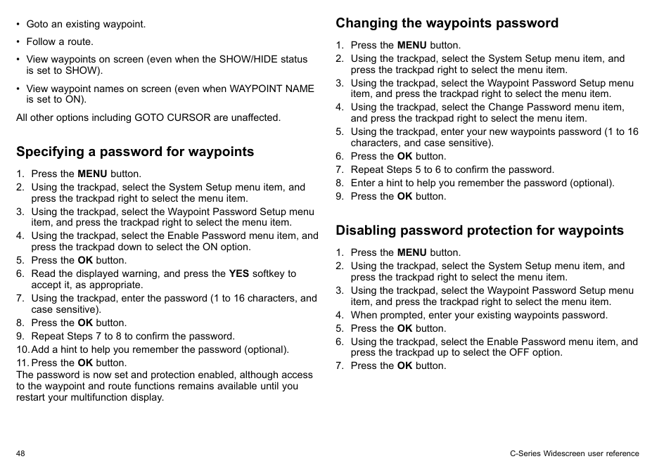 Specifying a password for waypoints, Changing the waypoints password, Disabling password protection for waypoints | Raymarine C140w User Manual | Page 48 / 222