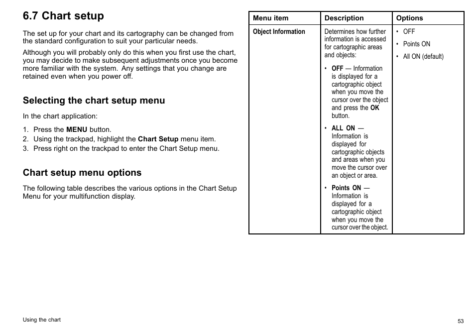7 chart setup, Selecting the chart setup menu, Chart setup menu options | Raymarine C140w User Manual | Page 53 / 222