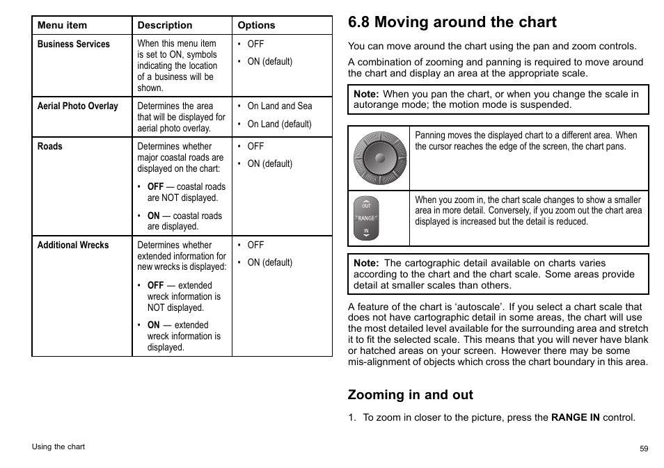 8 moving around the chart, Zooming in and out | Raymarine C140w User Manual | Page 59 / 222