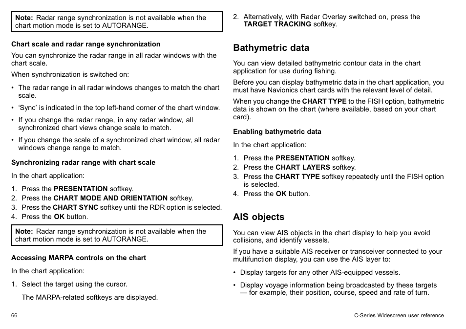 Bathymetric data, Ais objects | Raymarine C140w User Manual | Page 66 / 222