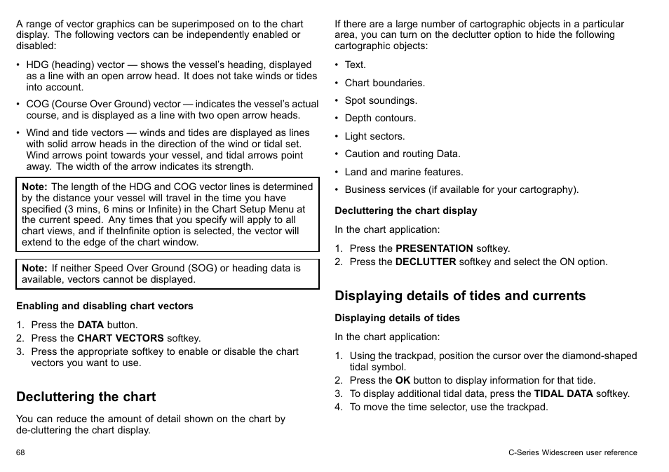 Decluttering the chart, Displaying details of tides and currents | Raymarine C140w User Manual | Page 68 / 222