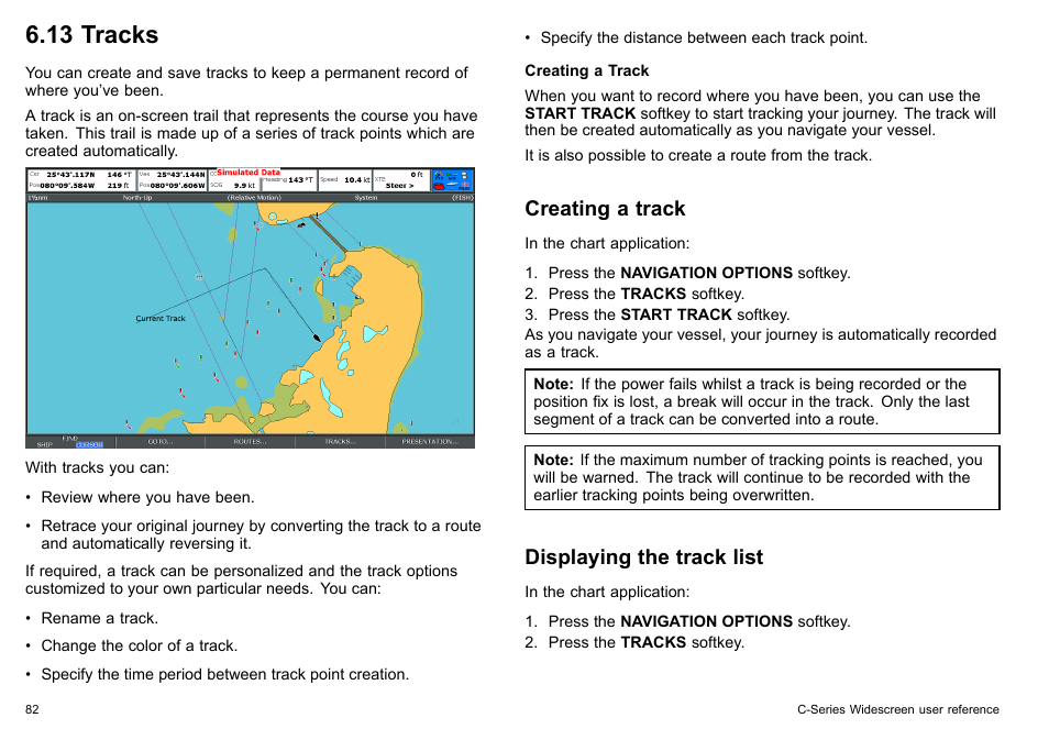 13 tracks, Creating a track, Displaying the track list | Raymarine C140w User Manual | Page 82 / 222