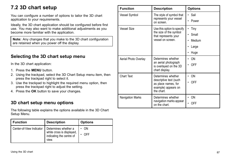 2 3d chart setup, Selecting the 3d chart setup menu, 3d chart setup menu options | Raymarine C140w User Manual | Page 87 / 222