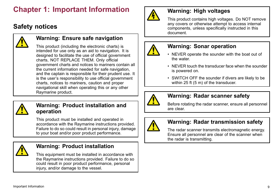 Chapter 1 important information, Safety notices, Chapter 1: important information | Raymarine C140w User Manual | Page 9 / 222