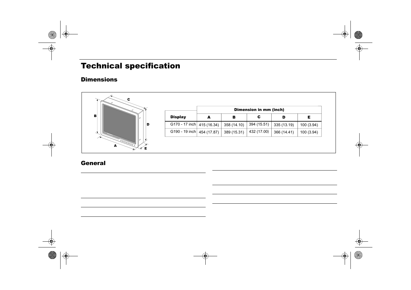 Technical specification, Dimensions, General | Raymarine Viewable Marine Displays User Manual | Page 37 / 38