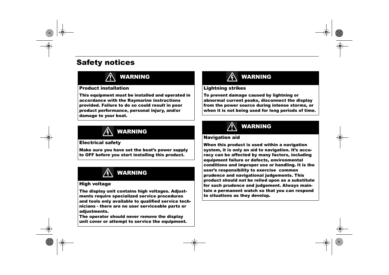 Safety notices, Warning | Raymarine Viewable Marine Displays User Manual | Page 5 / 38