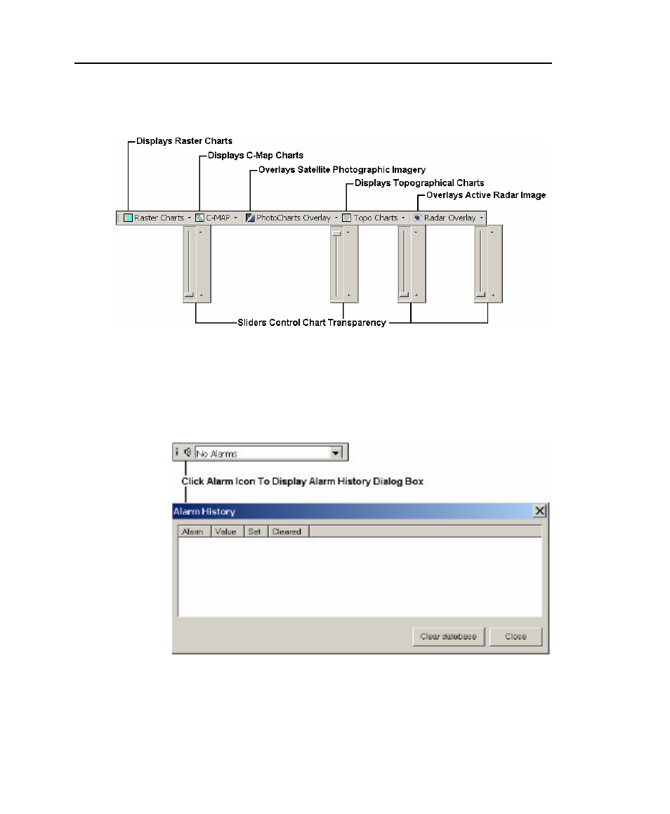 Charting toolbar, Alarm toolbar | Raymarine Marine GPS System User Manual | Page 38 / 188