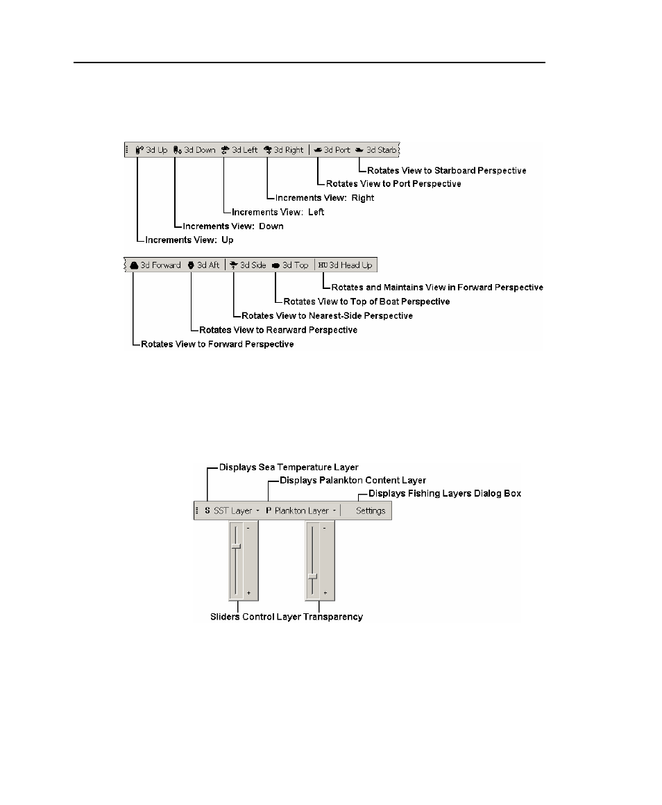 D view toolbar, Fishing toolbar | Raymarine Marine GPS System User Manual | Page 40 / 188