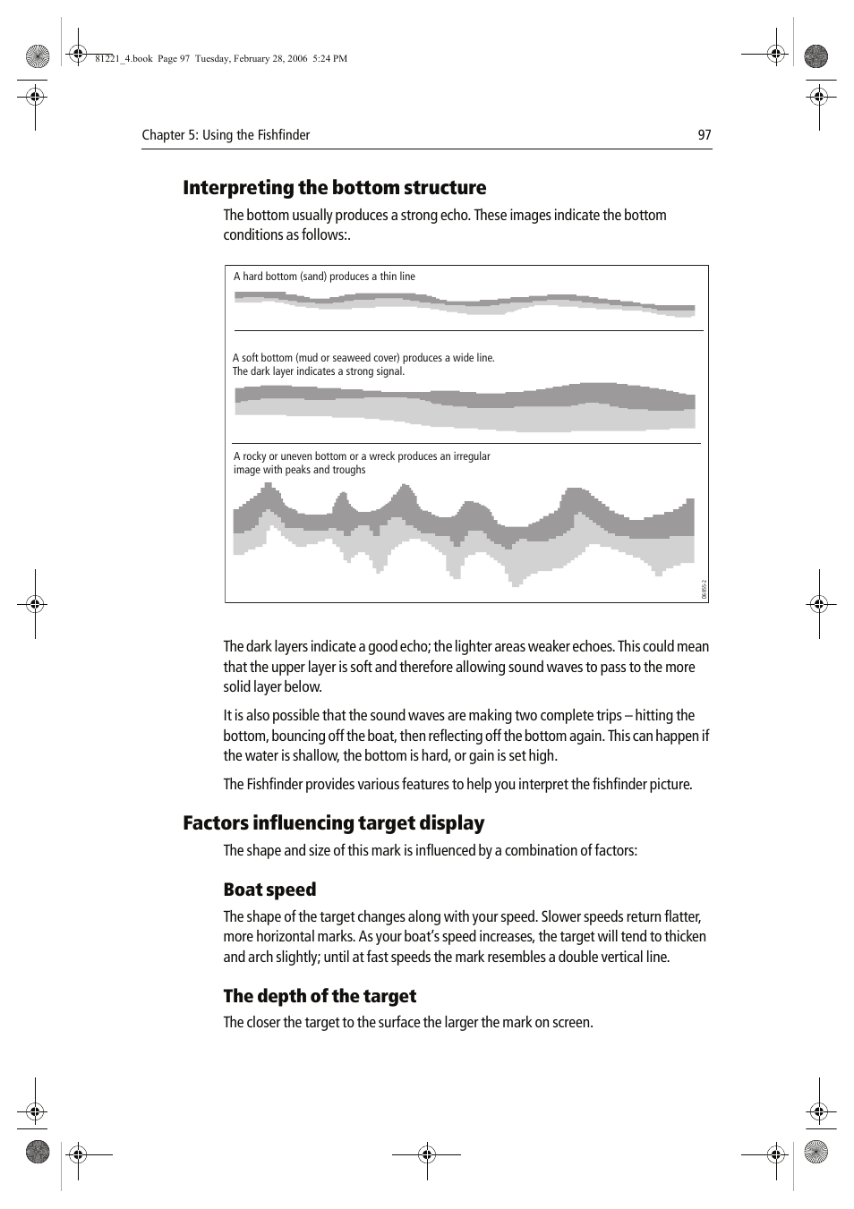 Interpreting the bottom structure, Factors influencing target display, Boat speed | The depth of the target | Raymarine C Series User Manual | Page 111 / 244