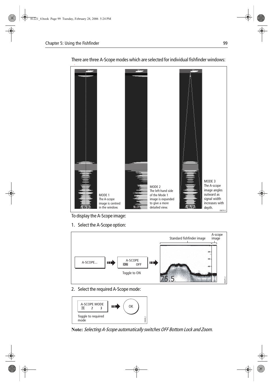 Select the required a-scope mode, Chapter 5: using the fishfinder 99 | Raymarine C Series User Manual | Page 113 / 244