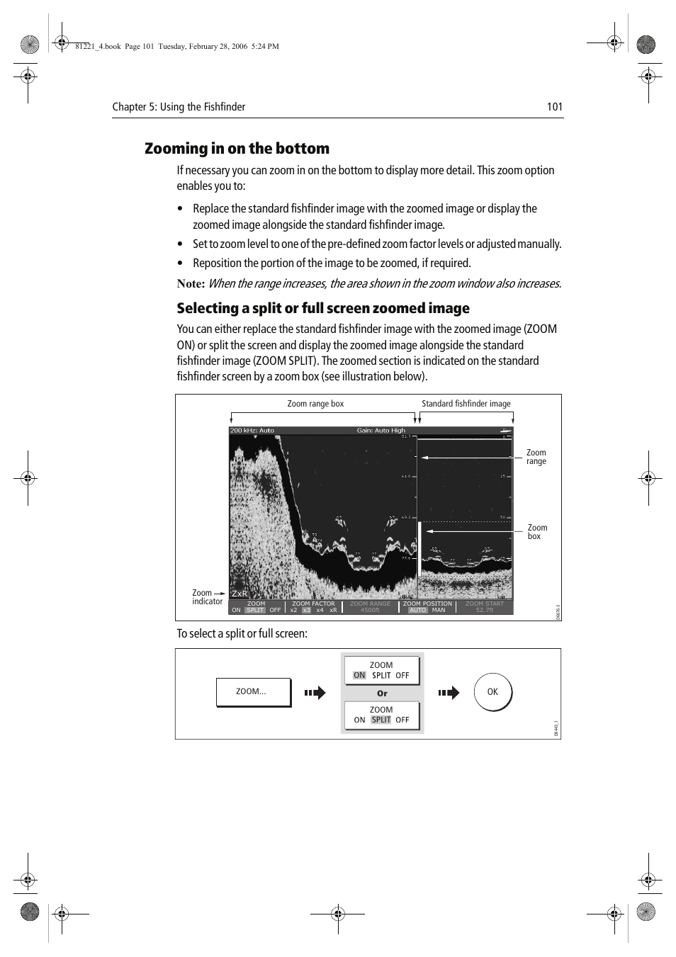 Zooming in on the bottom, Selecting a split or full screen zoomed image | Raymarine C Series User Manual | Page 115 / 244