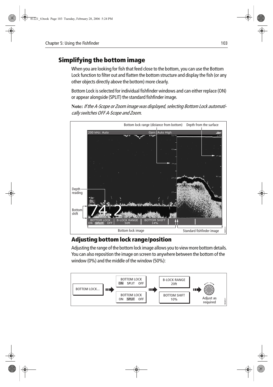 Simplifying the bottom image, Adjusting bottom lock range/position | Raymarine C Series User Manual | Page 117 / 244