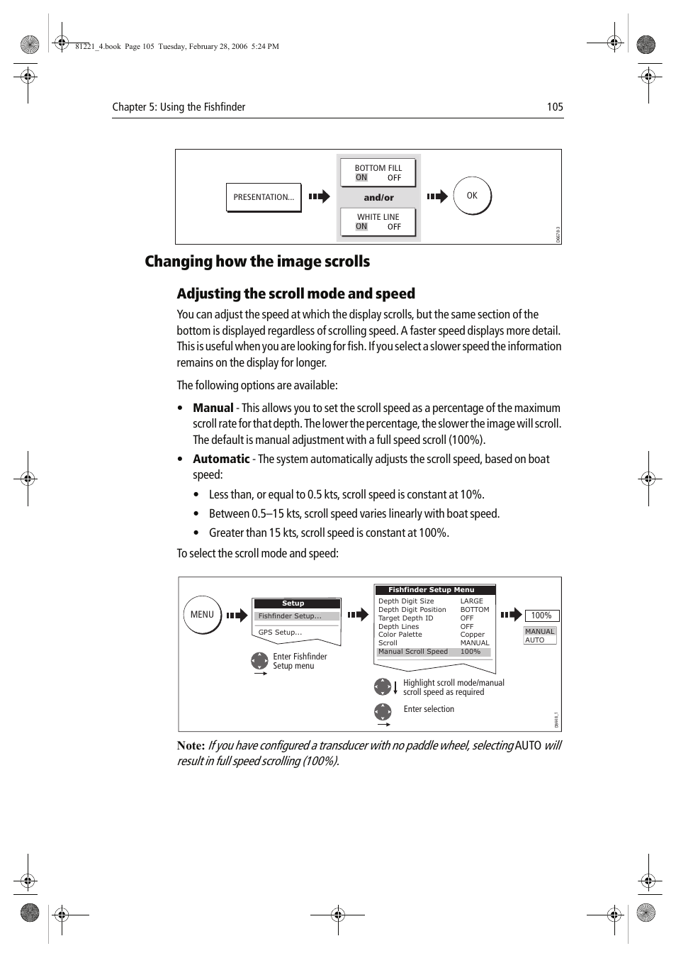 Changing how the image scrolls, Adjusting the scroll mode and speed, Will result in full speed scrolling (100%) | Auto | Raymarine C Series User Manual | Page 119 / 244
