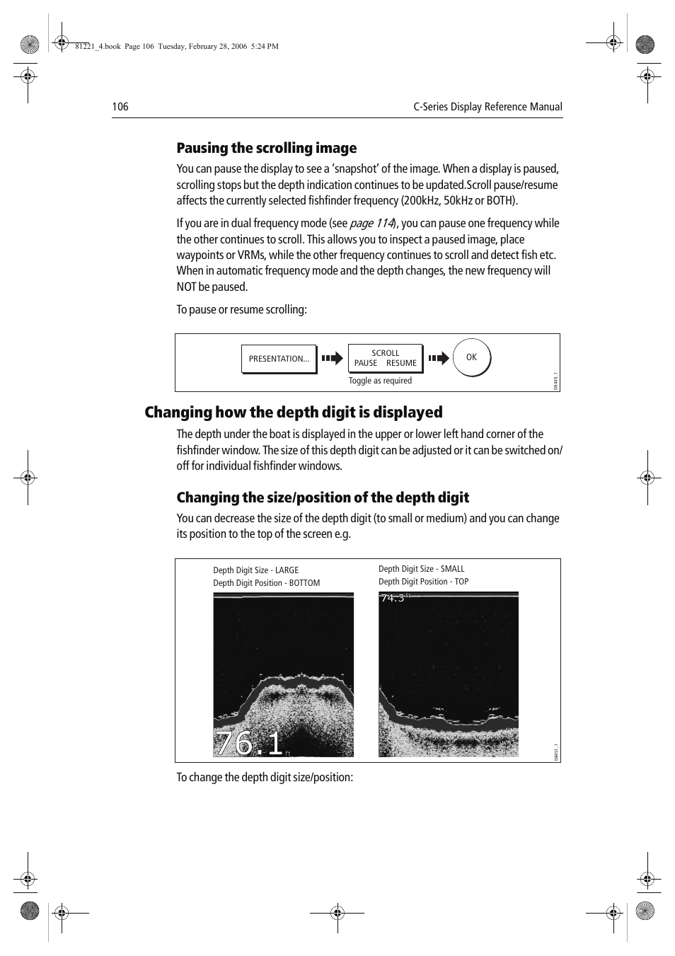 Changing how the depth digit is displayed, Pausing the scrolling image, Changing the size/position of the depth digit | Page 114 | Raymarine C Series User Manual | Page 120 / 244
