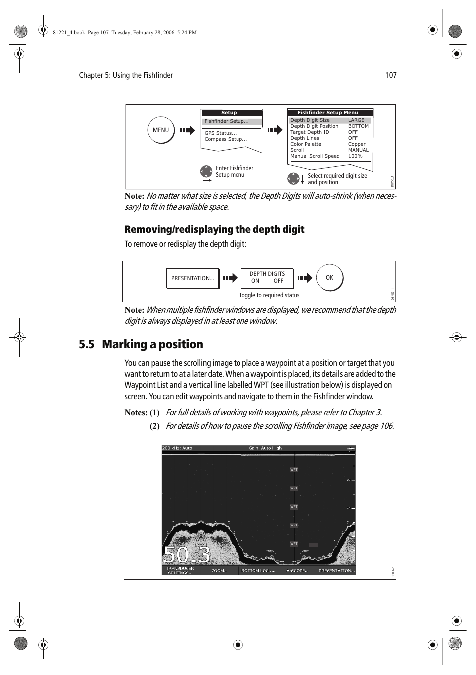 5 marking a position, Removing/redisplaying the depth digit, Chapter 5: using the fishfinder 107 | Raymarine C Series User Manual | Page 121 / 244