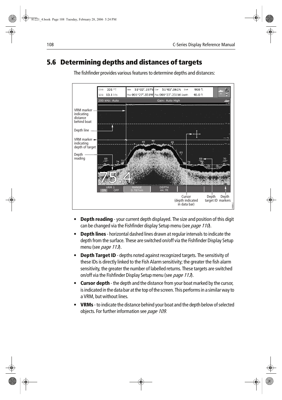6 determining depths and distances of targets, Page 110, Page 113 | Page 109 | Raymarine C Series User Manual | Page 122 / 244
