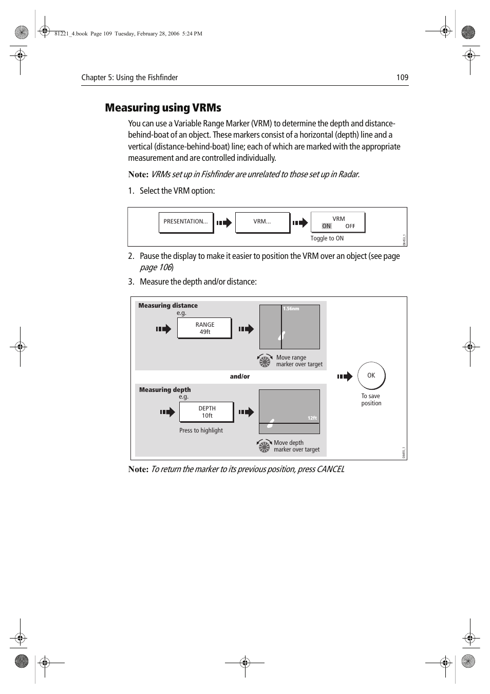Measuring using vrms, Page 106, Select the vrm option | Measure the depth and/or distance | Raymarine C Series User Manual | Page 123 / 244