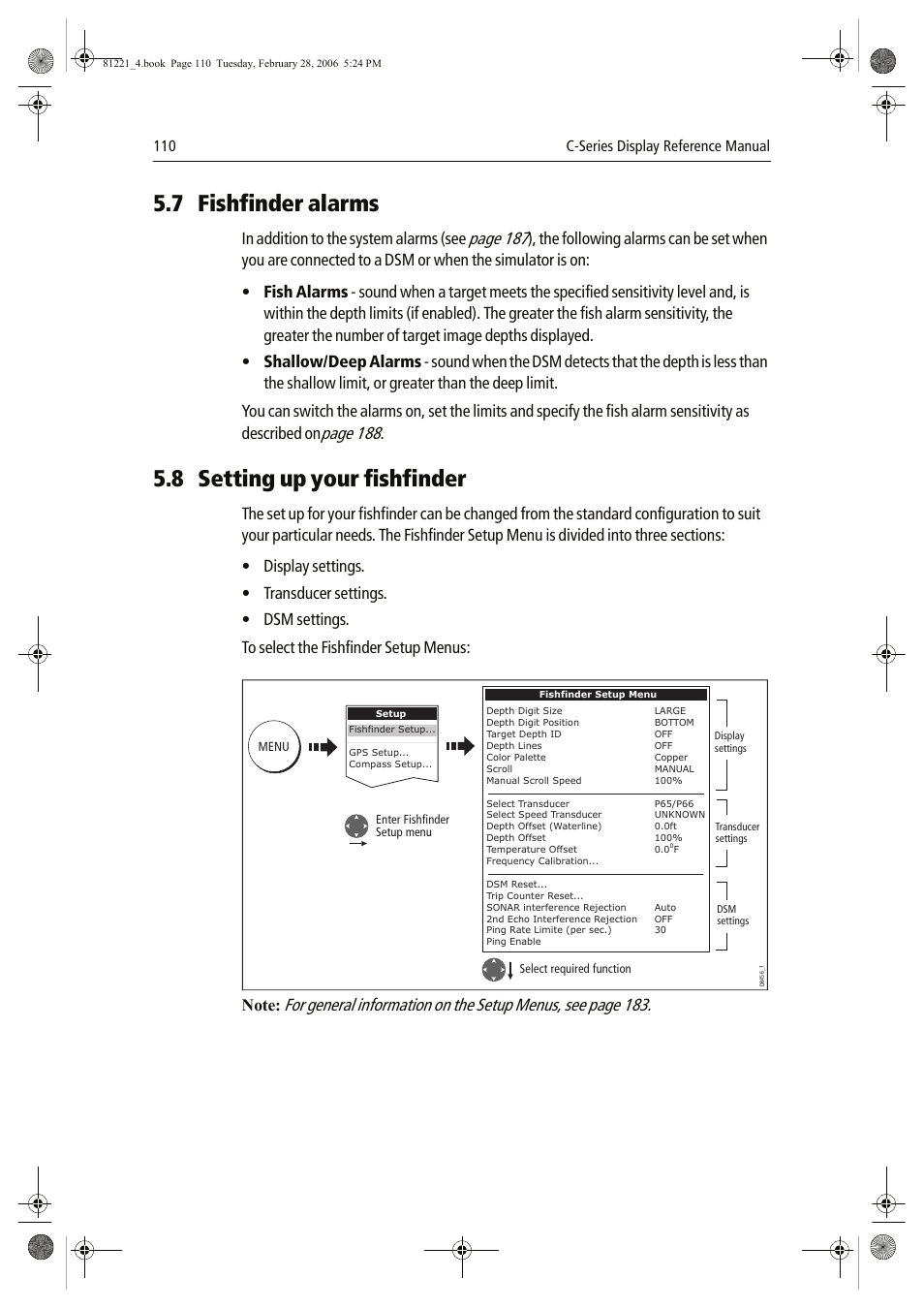 7 fishfinder alarms, 8 setting up your fishfinder, Page 187 | Page 188, 110 c-series display reference manual | Raymarine C Series User Manual | Page 124 / 244