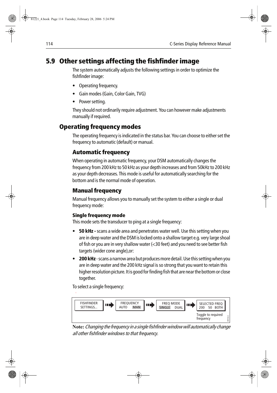 9 other settings affecting the fishfinder image, Operating frequency modes, Automatic frequency | Manual frequency | Raymarine C Series User Manual | Page 128 / 244