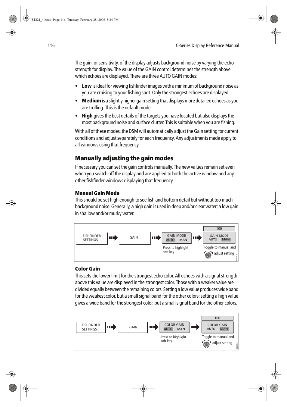 Manually adjusting the gain modes | Raymarine C Series User Manual | Page 130 / 244