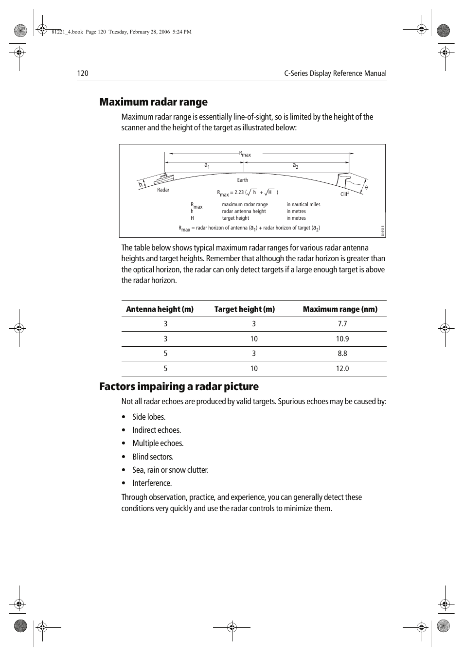 Maximum radar range, Factors impairing a radar picture | Raymarine C Series User Manual | Page 134 / 244