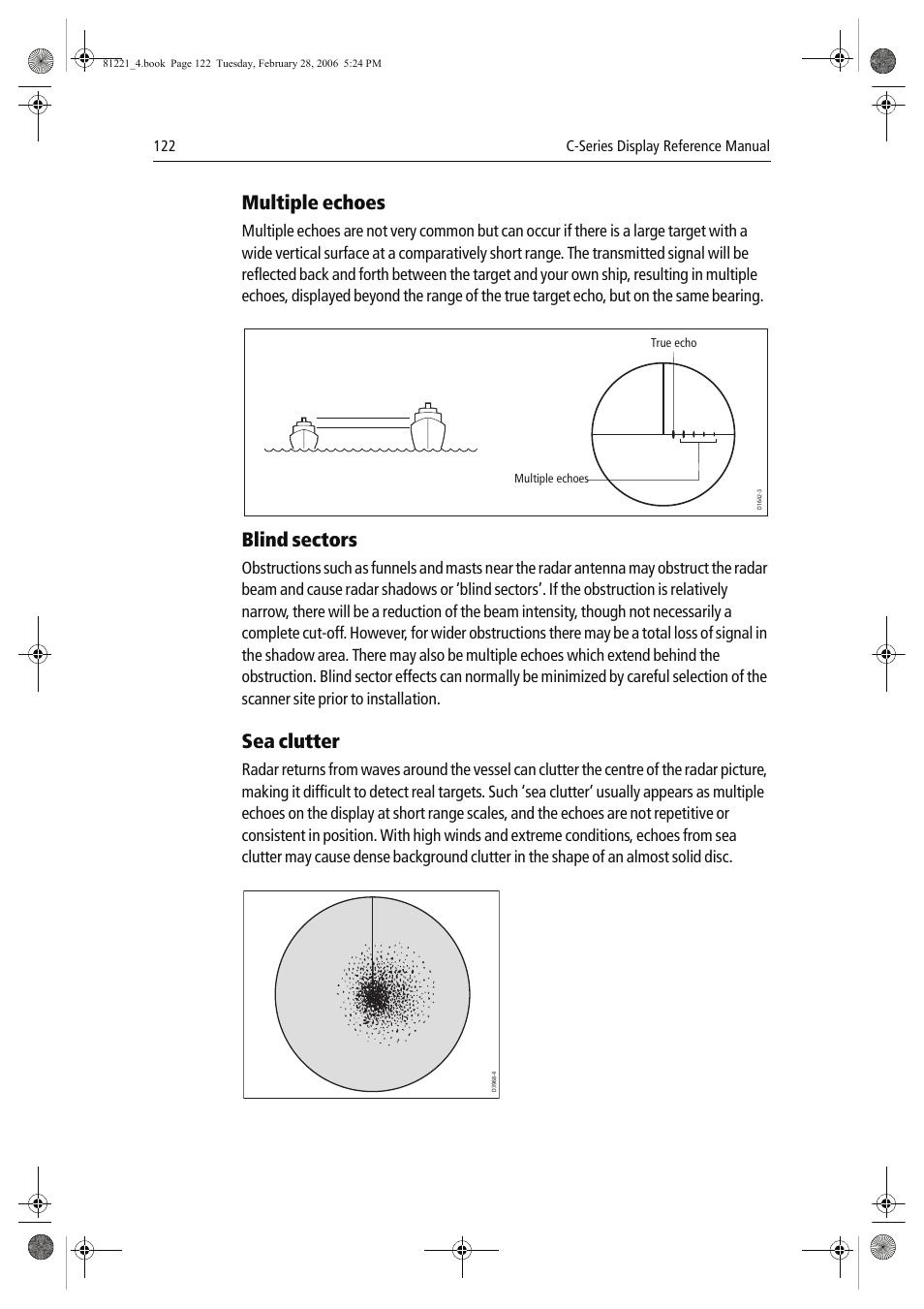 Multiple echoes, Blind sectors, Sea clutter | Raymarine C Series User Manual | Page 136 / 244
