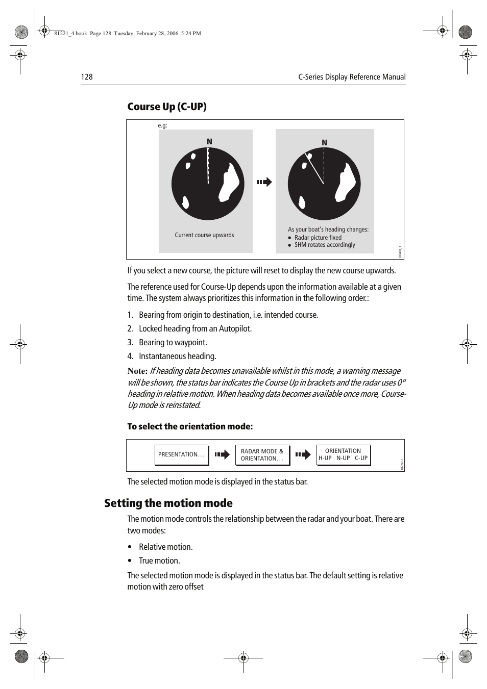 Setting the motion mode, Course up (c-up) | Raymarine C Series User Manual | Page 142 / 244