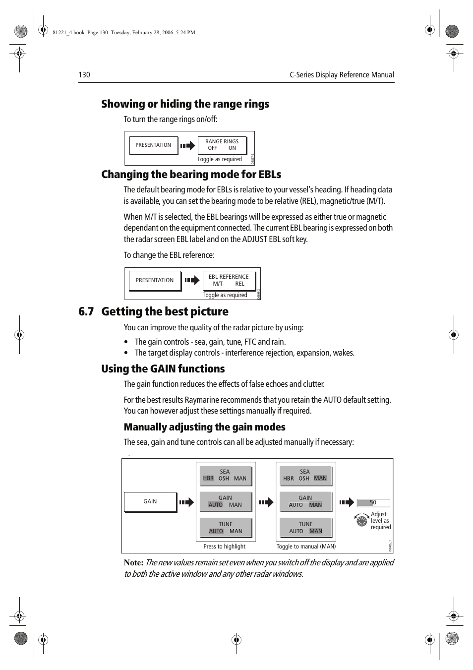 7 getting the best picture, Showing or hiding the range rings, Changing the bearing mode for ebls | Using the gain functions, Manually adjusting the gain modes | Raymarine C Series User Manual | Page 144 / 244