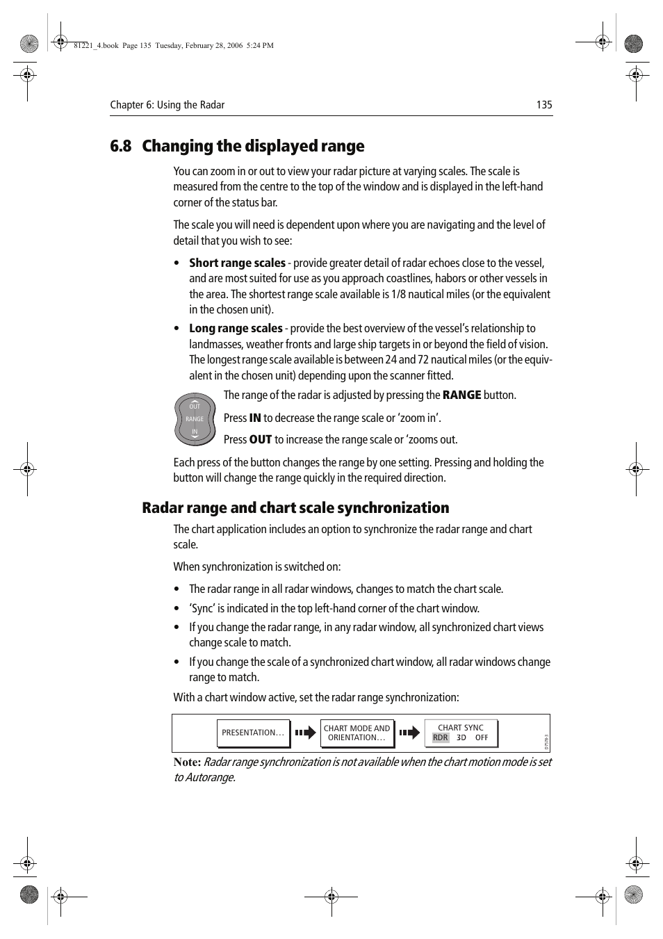 8 changing the displayed range, Radar range and chart scale synchronization | Raymarine C Series User Manual | Page 149 / 244
